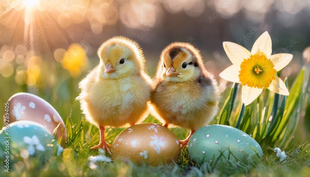 happy easter holiday greeting card background closeup of two sweet chicks with brightly painted easter eggs on meadow with blooming daffodils