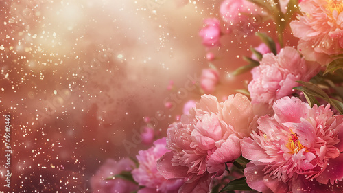 peonies with glitter bokeh background. Copy space. 