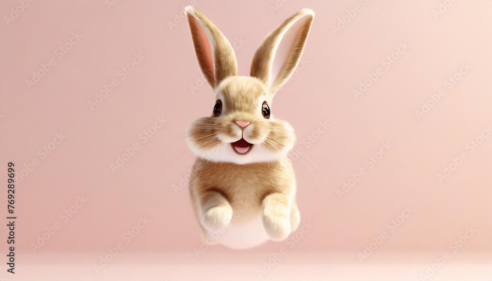 cute cartoond happy bunny character jumping on pink background adorable rabbit for easter spring holiday design 3d render illustration