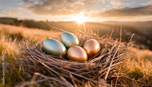 colorful easter eggs in nest