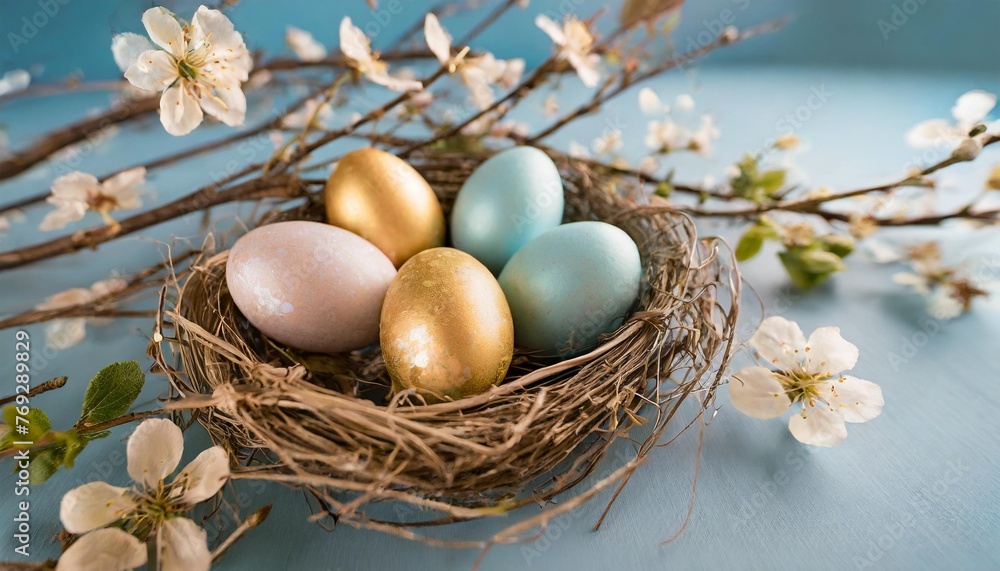 colorful easter eggs in nest with branches and flowers on blue background happy easter concept