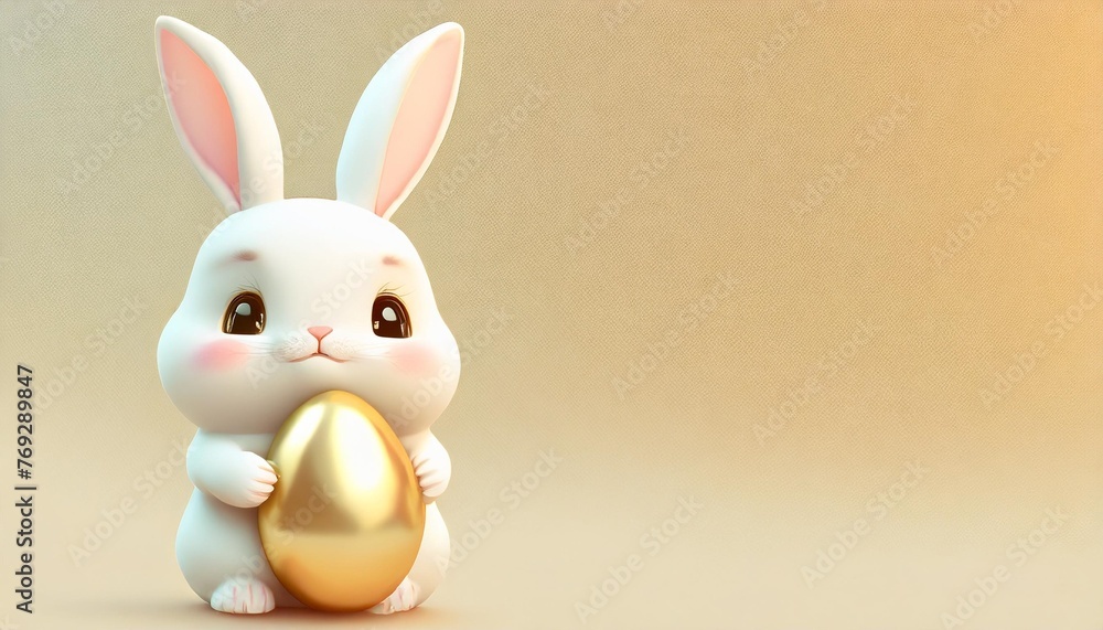 easter celebration with 3d rabbit happy easter white bunny holding egg in banner cartoon with text copy space isolated on background