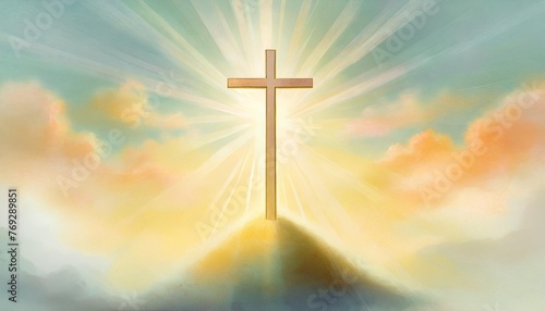 the cross shines and descends from the sky with the sun s glow easter concept © Tomas