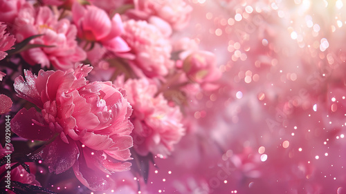 peonies with glitter bokeh background. Copy space.	

