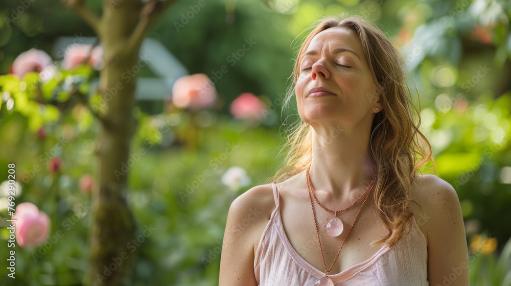 A woman in a tranquil setting, eyes closed, absorbing the serenity of a blossoming garden, embodies peace and mindfulness A woman in a tranquil setting, eyes closed, absorbing the serenity of a blossoming garden, embodies peace and mindfulness