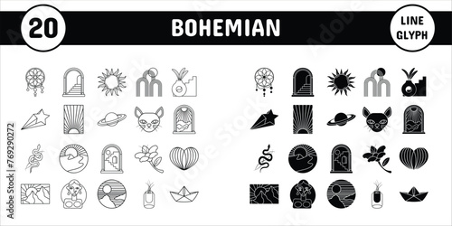 Bohemian Line Glyph Vector Illustration Icon Sticker Set Design Materials