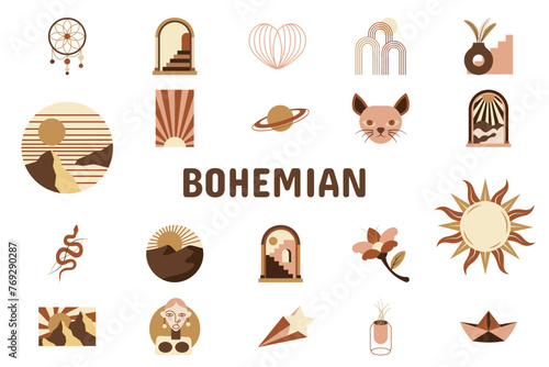 Bohemian Flat Vector Illustration Icon Sticker Set Design Materials