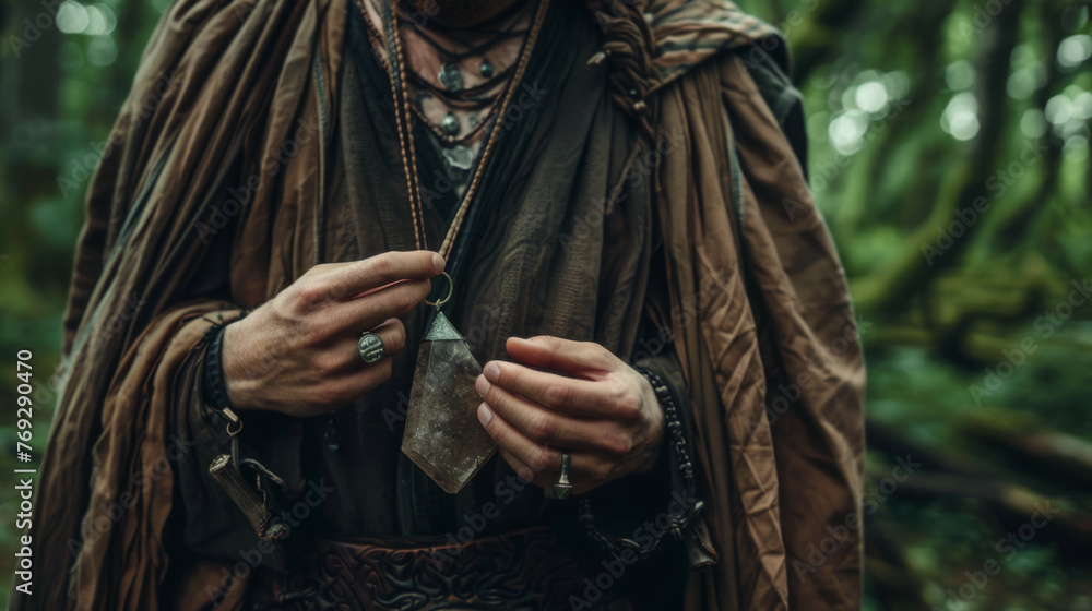 Cloaked individual in a dense forest, exuding mystery, holds a sparkling crystal with a sense of wonder Cloaked individual in a dense forest, exuding mystery, holds a sparkling crystal with a sense of wonder
