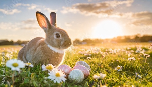 adorable easter bunny with easter eggs in flowery meadow copy space for text