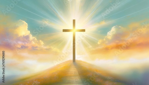 the cross shines and descends from the sky with the sun s glow easter concept © Lauren