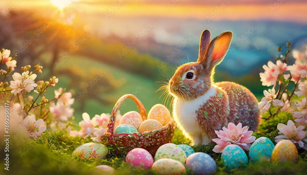 easter s charm a serene sunrise playful bunny or intricate still life adorned with pastels blossoms and eggs it captures the essence of family tradition and spring s beauty - obrazy, fototapety, plakaty 
