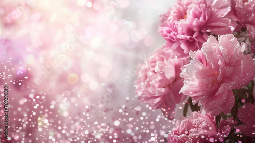 peonies with glitter bokeh background. Copy space.  