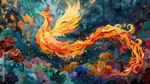 Traditional art nouveau style phoenix illustration poster background
