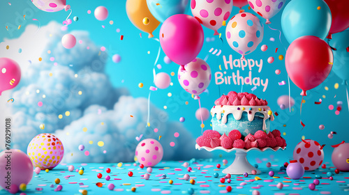 Birthday-themed design featuring colorful balloons and a vibrant cake. Incorporate the text Happy Birthday