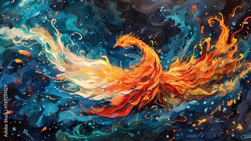 Traditional art nouveau style phoenix illustration poster background © jinzhen