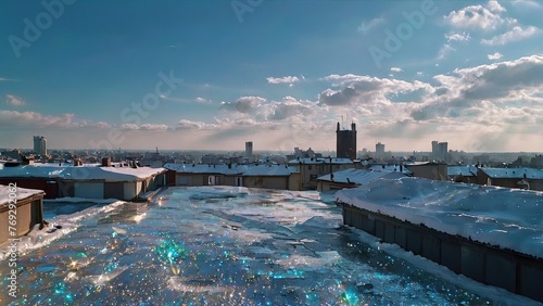 Immerse yourself in the tranquil ambiance as snow adorns the building's rooftop, framing a stunning vista of the expansive sky.