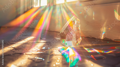 A stunning crystal prism dispersing light into rainbows across a dusty floor, evoking wonder © road to millionaire