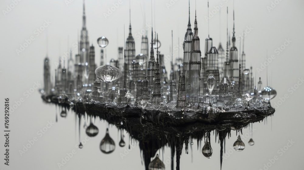 A sculpture made from intricately bent wire and glass depicting a miniature city skyline with miniature raindrop orbs suspended in the air above the buildings. A sculpture made from intricately bent wire and glass depicting a miniature city skyline with miniature raindrop orbs suspended in the air above the buildings.