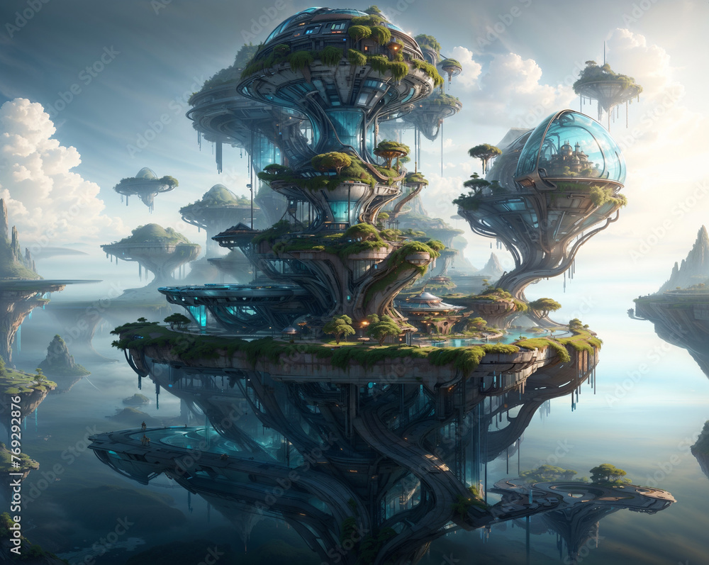 A surreal, floating city with giant trees, glowing spheres, and ...