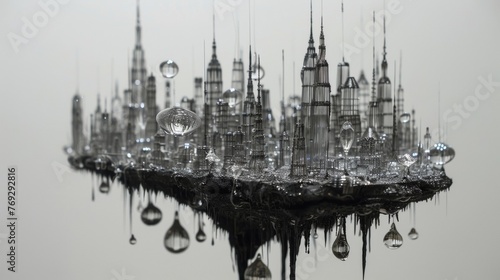 A sculpture made from intricately bent wire and glass depicting a miniature city skyline with miniature raindrop orbs suspended in the air above the buildings.