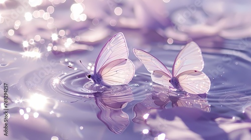 Digital purple silver butterflies and water metallic print fantasy scene abstract graphic poster web page PPT background