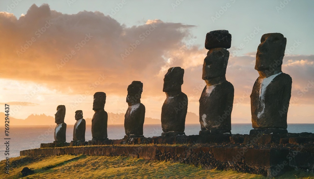 enigmatic moai statues stand against the backdrop of a colorful polynesian sunset adding to the islands mystique - obrazy, fototapety, plakaty 