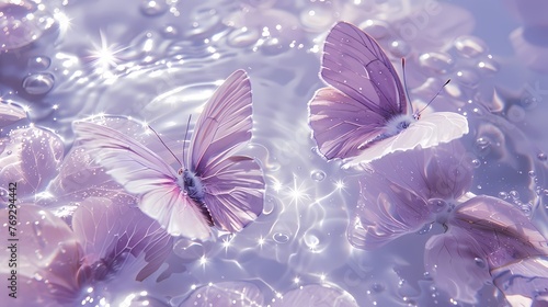Digital purple silver butterflies and water metallic print fantasy scene abstract graphic poster web page PPT background © jinzhen