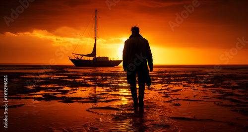 a person standing on the beach with a boat at the end of the day