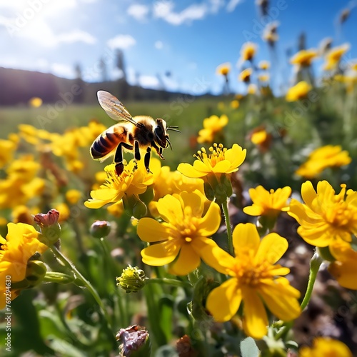 유채꽃밭의 유채꽃 그리고 상호작용하는 꿀벌 한마리 close bee rape flowers yellow spring photo