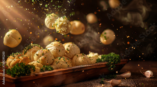 A golden lit scene of bread and garlic cloves levitating with glowing spices against a dark backdrop