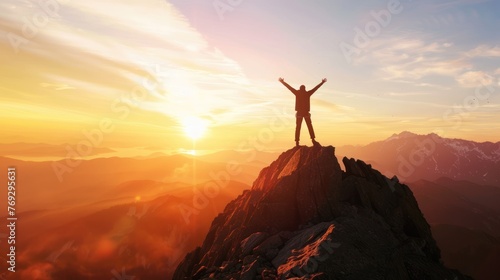 silhouette of man standing and stretching arms on mountain peak ,freedom concept