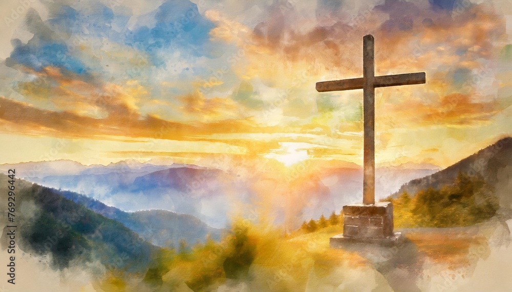 cross of jesus christ on a colorful watercolor background illustration
