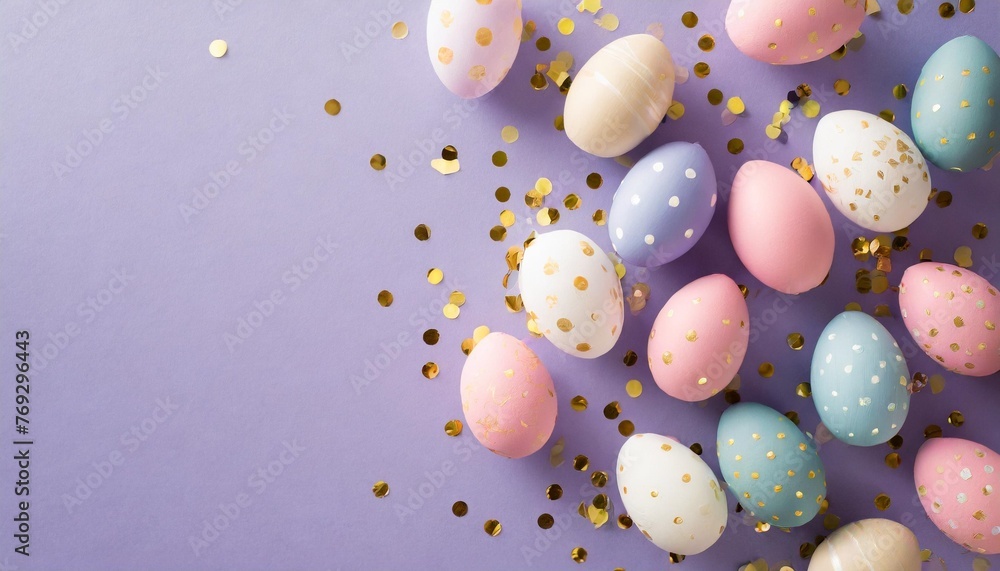 easter celebration concept top view photo of pink blue white easter eggs and confetti on isolated lilac background with copyspace