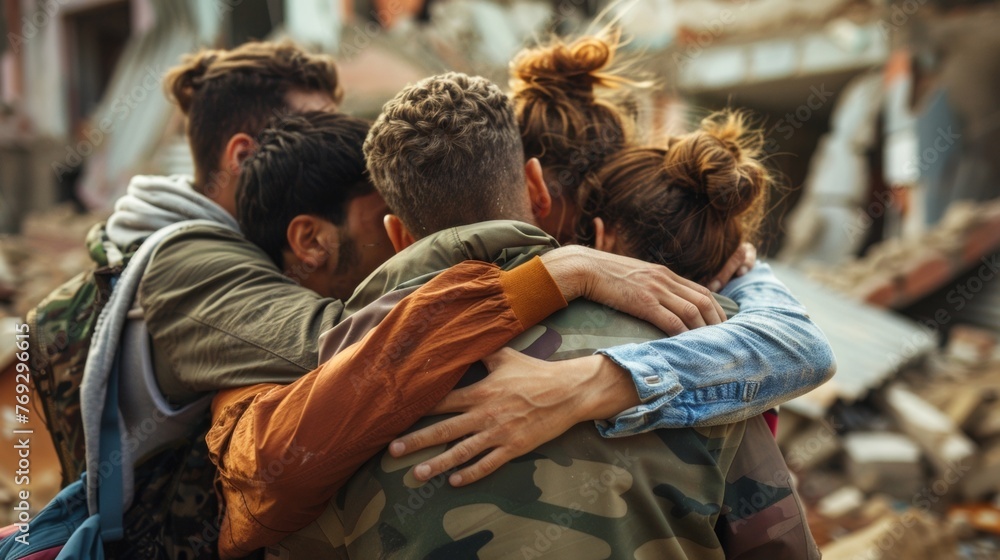 A small group of survivors huddle together near a halfcollapsed building backs to the camera. Though faces are not visible . .