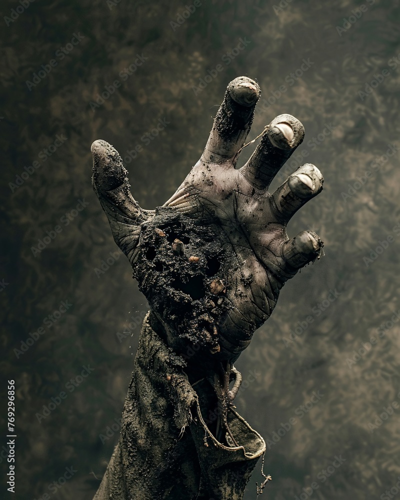 The zombies hand covered in dirt and grime