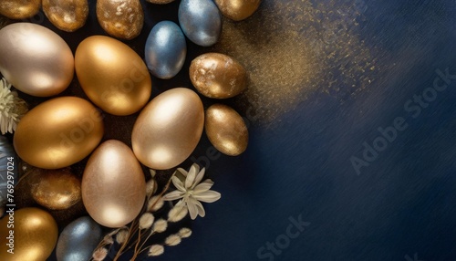 top view easter decorative eggs arrangement golden texture navy blue background with copy space