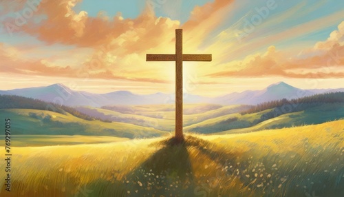 wonderful good friday easter landscape with cross