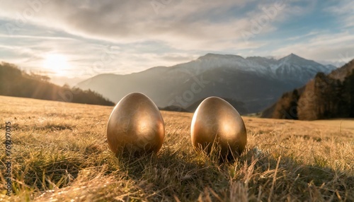 big eastereggs on a meadow with mountains in the background photo
