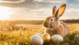 happy easter bunny in easter meadow with eggs and copy space