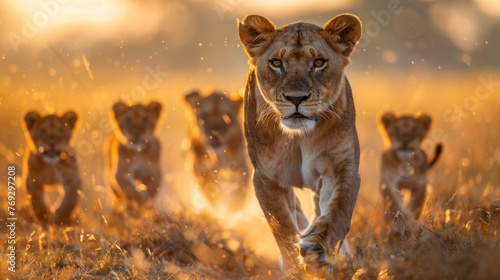 a lioness and her cubs are running through a field