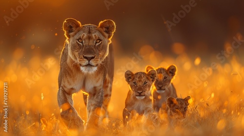 Felidae organism with two cubs exploring grassland amidst fire