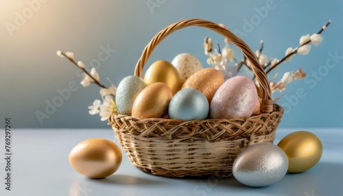 easter wicker basket filled with decorative multi colored eggs on a light blue background