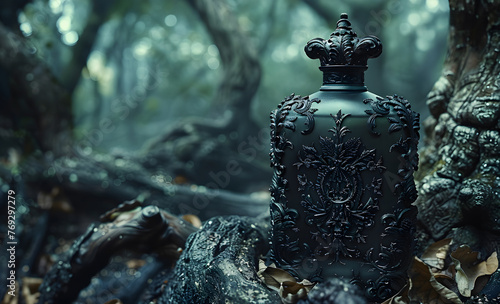 An ornate antique bottle rests amidst fallen leaves in a moody, enchanted forest setting, suggesting a magical or historical theme © kaitong1006