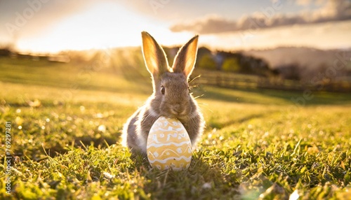 cute little rabbit holding easter egg on green fieldd photo