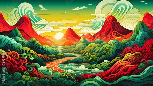 Green mountain top landscape illustration abstract art decorative painting background © jinzhen