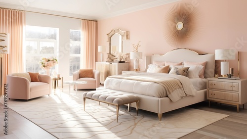  Chic Hollywood Regency bedroom featuring delicate peach hues  luxurious textures  and modern furniture  A lavish Hollywood Regency master bedroom with opulent peach decor  contemporary furnishings 