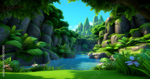 a cartoon view of a river surrounded by green foliage