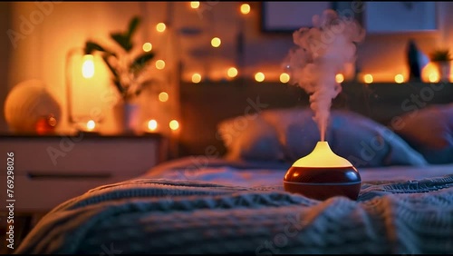 Cozy bedroom with essential oil diffuser.