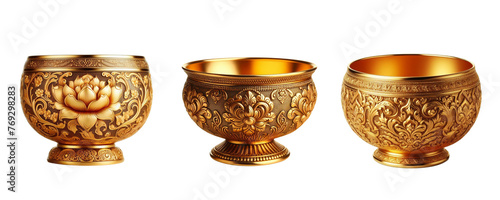 3 bowls made of gold with intricate design set against a transparent background