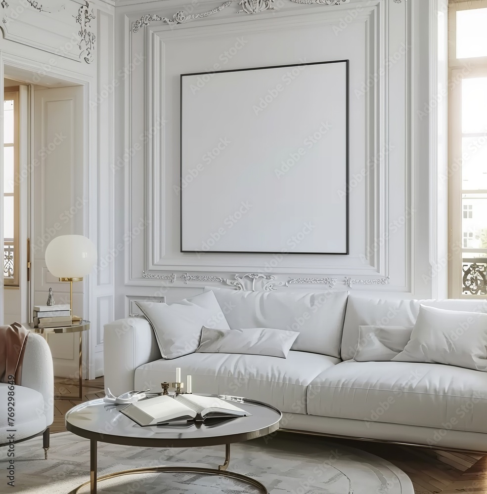 Fototapeta premium Frame Mockup Set in a Modern Classic Living Room Interior. Presented in 3D Render. Made with Generative AI Technology